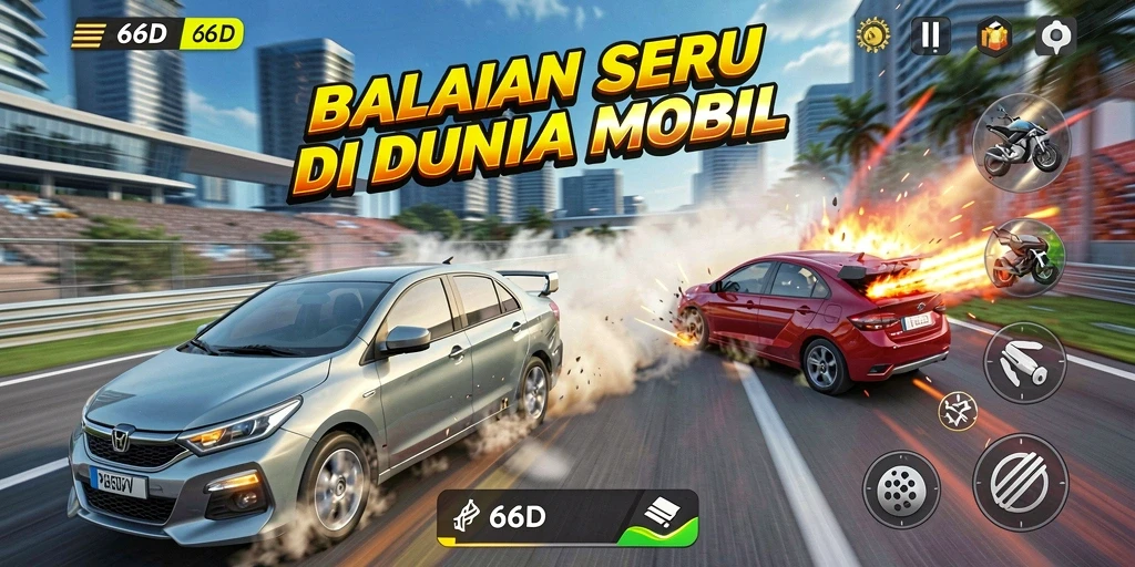 Tampilan gameplay seru 66D dengan mobil balap yang cepat.