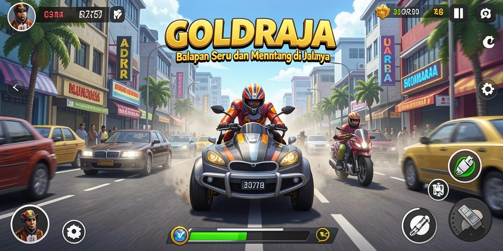 Screenshot gameplay <strong>GOLDRAJA</strong> menampilkan aksi balapan yang mendebarkan.