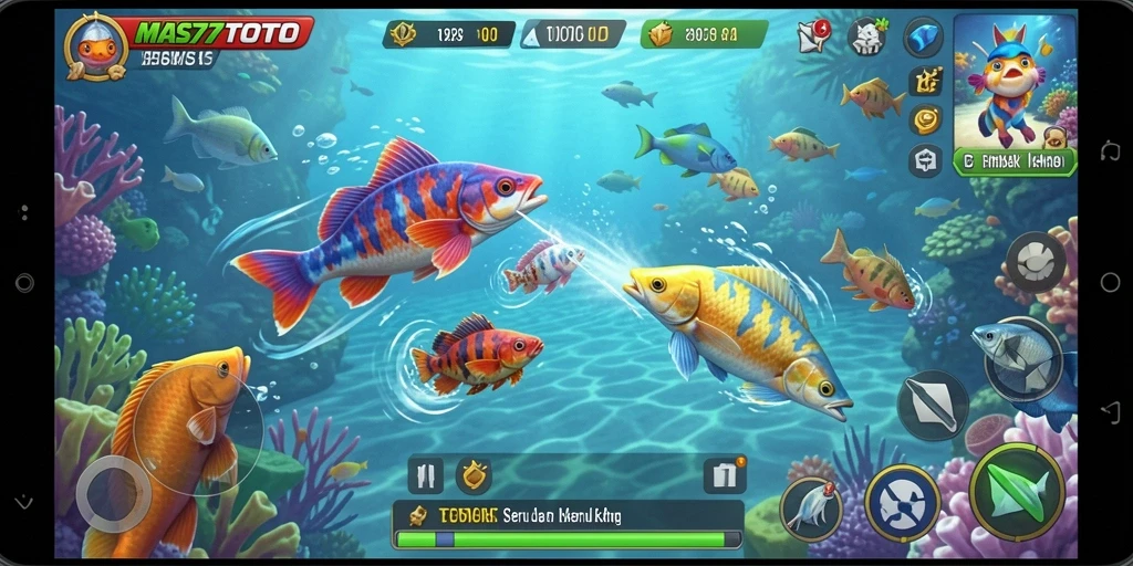 Tampilan gameplay seru dalam MAS77TOTO yang penuh dengan ikan berwarna-warni.
