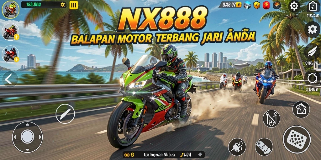 Screenshot gameplay NX888 dengan balapan motor yang mendebarkan.