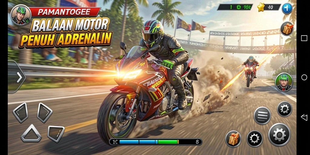 Screenshot gameplay PAMANTOGEL menampilkan aksi balapan motor yang intens.