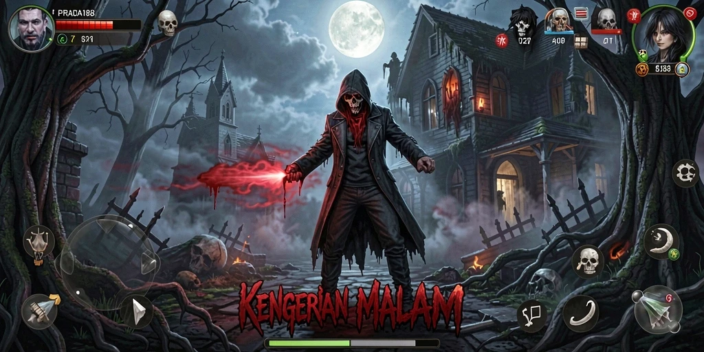 Screenshot gameplay PRADA188 yang menampilkan suasana horor yang mendebarkan.