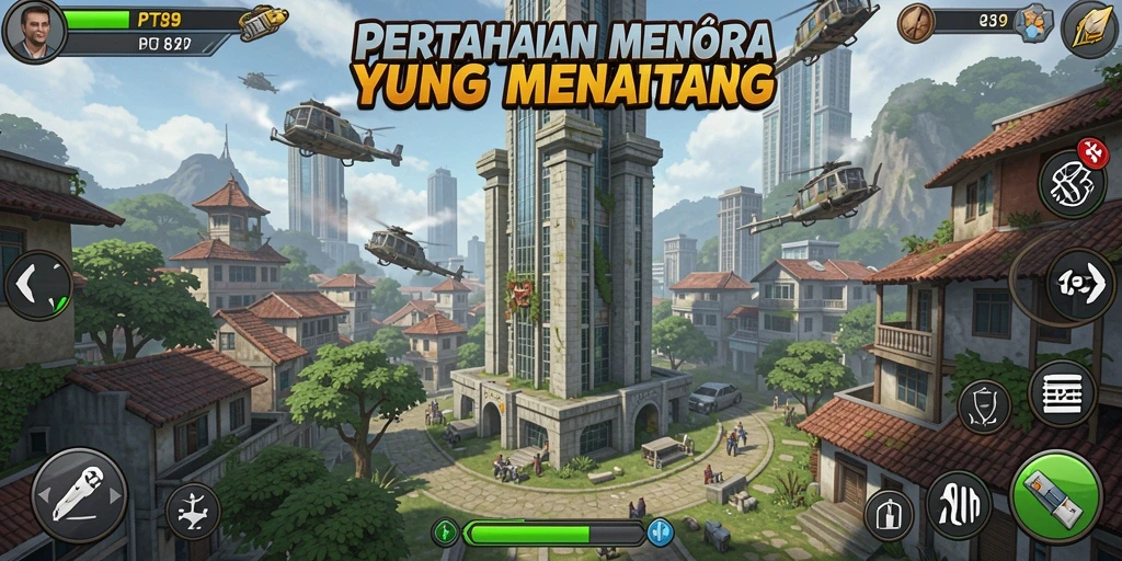 Tampilan gameplay PT89 dengan strategi menara yang mendebarkan.