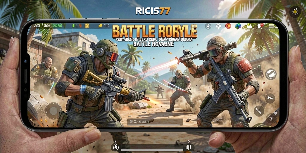 Tampilan gameplay RICIS77, menampilkan aksi tempur Battle Royale yang intens.