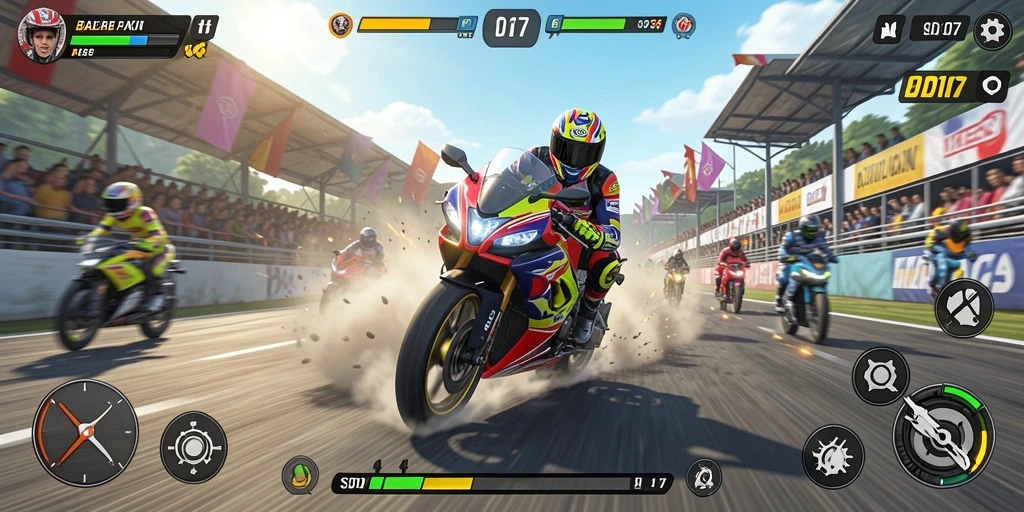 Screenshot gameplay SD107 menampilkan momen balapan motor yang mendebarkan.