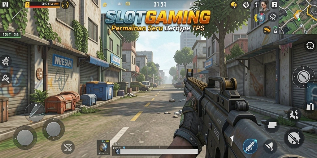 Screenshot SLOTGAMING menampilkan aksi intens dalam gameplay TPS.